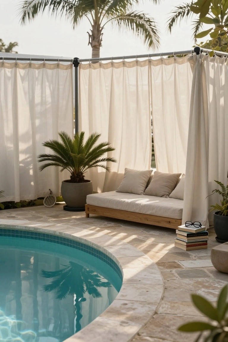 Wooden daybed with beige cushions under white sheer curtains draped from a black metal frame next to a turquoise pool, with potted plants and palm trees nearby.