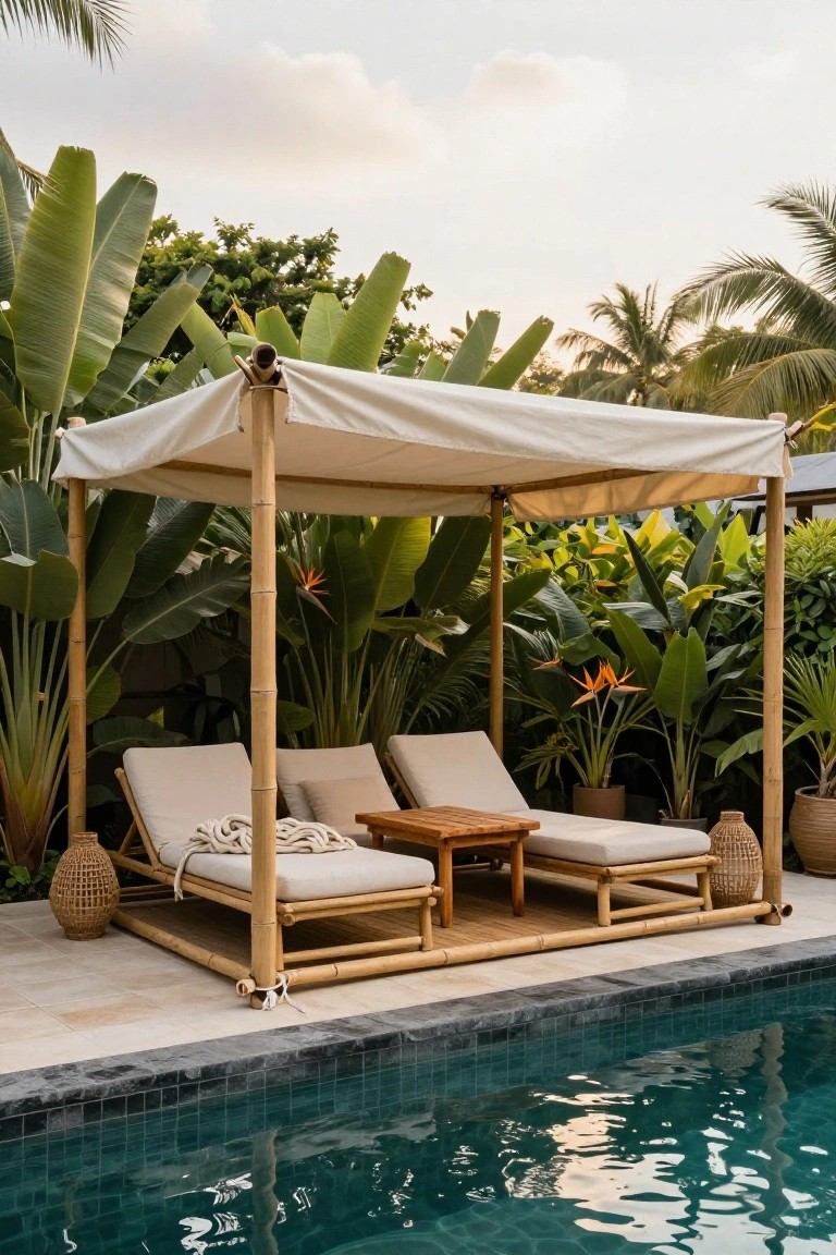 Bamboo-framed canopy with white fabric roof shading two beige loungers and a wooden table next to a dark-tiled pool, surrounded by large tropical plants and potted greenery.