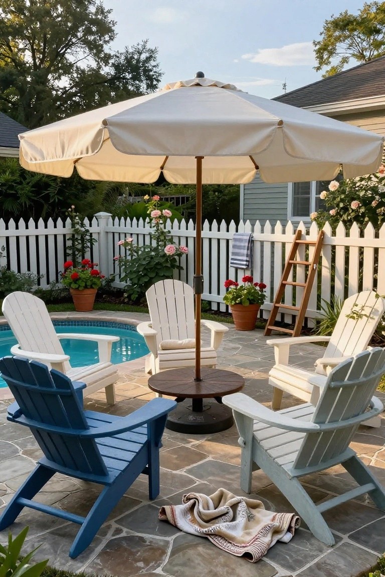 White market umbrella shading Adirondack chairs in white, blue, and teal arranged around a round wooden table on a stone patio next to a small turquoise pool, with white picket fence and potted plants nearby.