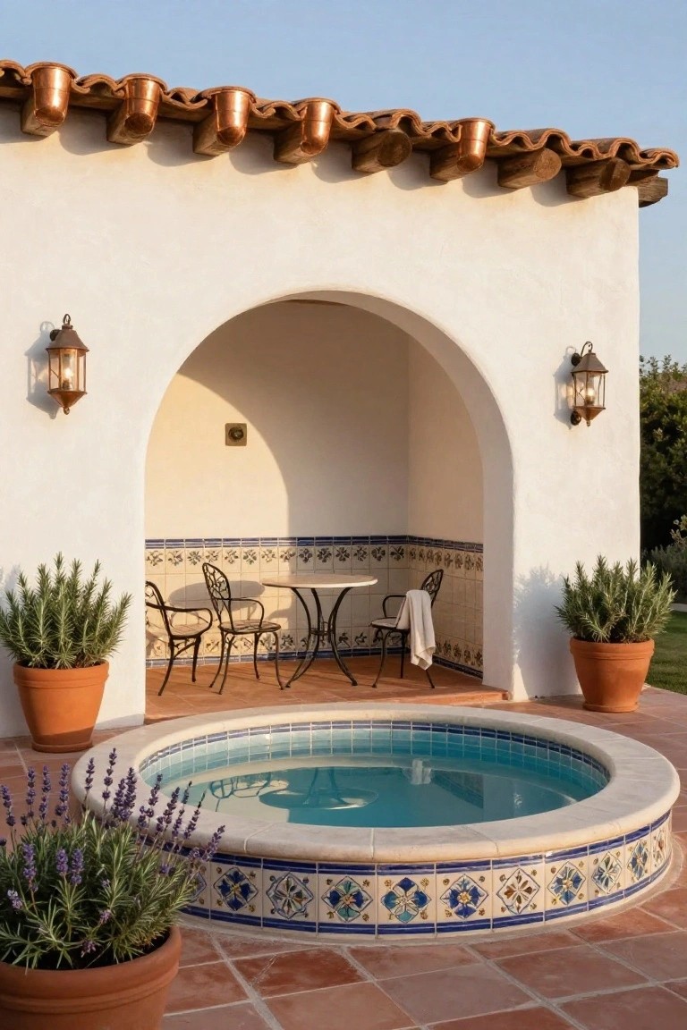 White stucco wall with arched alcove containing a round white table, four wrought-iron chairs, and draped towel, flanked by potted rosemary plants, next to a circular blue-tiled jacuzzi with lavender pots on terracotta patio tiles under a copper-roofed overhang.