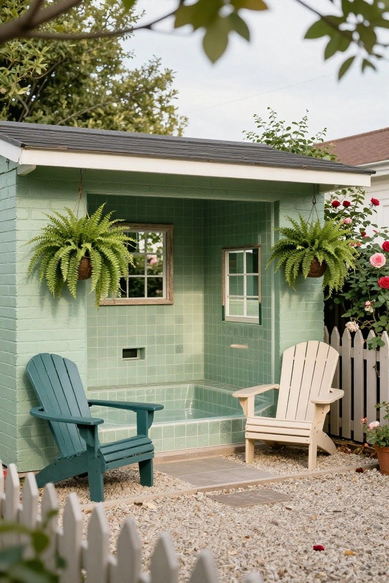 Mint green tiled pool house with a step-down hot tub alcove, teal and white Adirondack chairs on gravel, hanging ferns, and white picket fence in a garden setting.