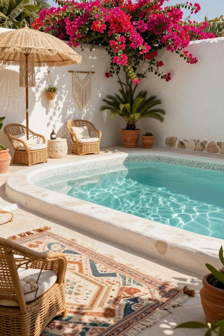 Small oval turquoise pool edged in white mosaic tile against a white stucco wall with cascading pink bougainvillea, flanked by two rattan armchairs with cushions, a round side table, large fringed beige umbrella, woven rug, potted plants, and a palm tree.