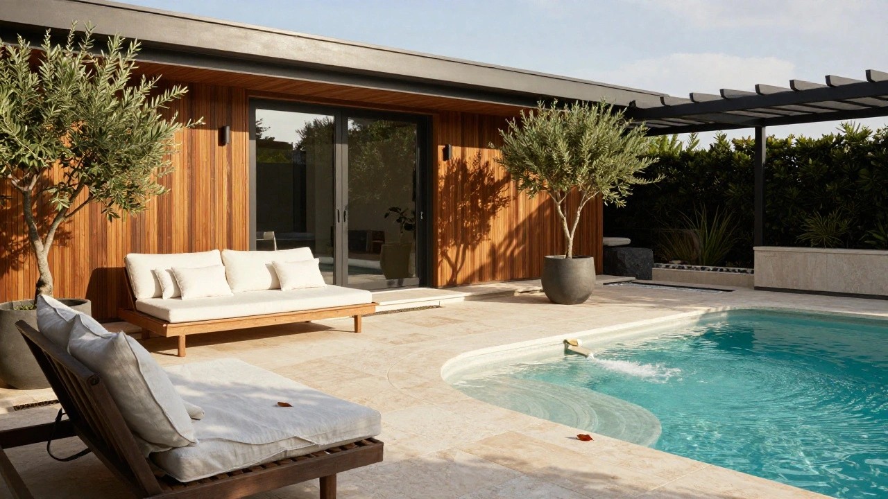 Modern wooden-clad pool house with sliding glass doors opening to a travertine patio that includes two low wooden daybeds with white cushions, a black stone side table, potted olive tree, pebble border, and curved turquoise jacuzzi with bubbling water adjacent to the pool.