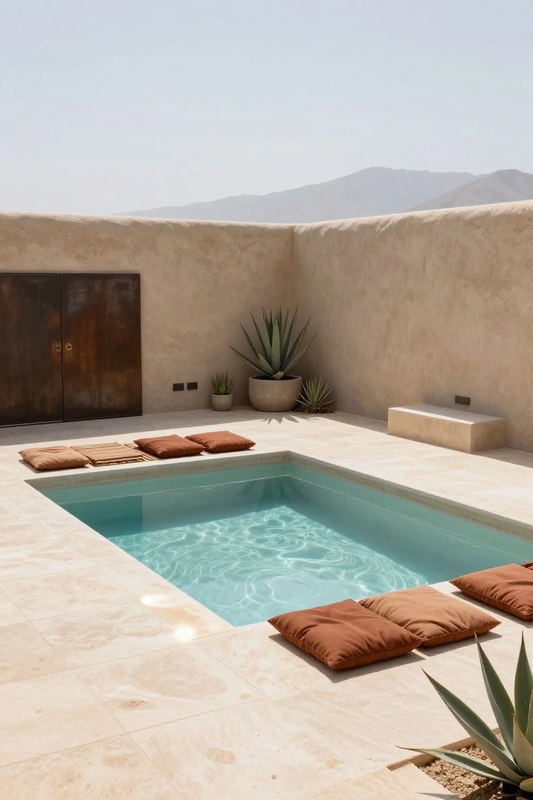 Small turquoise rectangular pool on beige tiled deck surrounded by terracotta floor cushions, agave plants in pots, adobe walls, and a rusted metal door with mountains in the background.