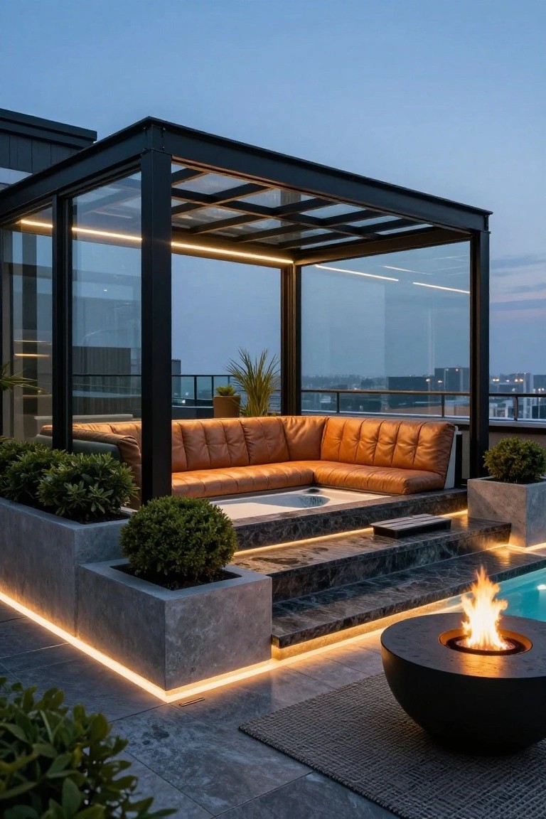 Rooftop terrace with black-framed glass pavilion enclosing orange L-shaped leather sofa, LED-lit concrete planters and steps to a pool edge with fire feature, black bowl fire pit, and city view at dusk.
