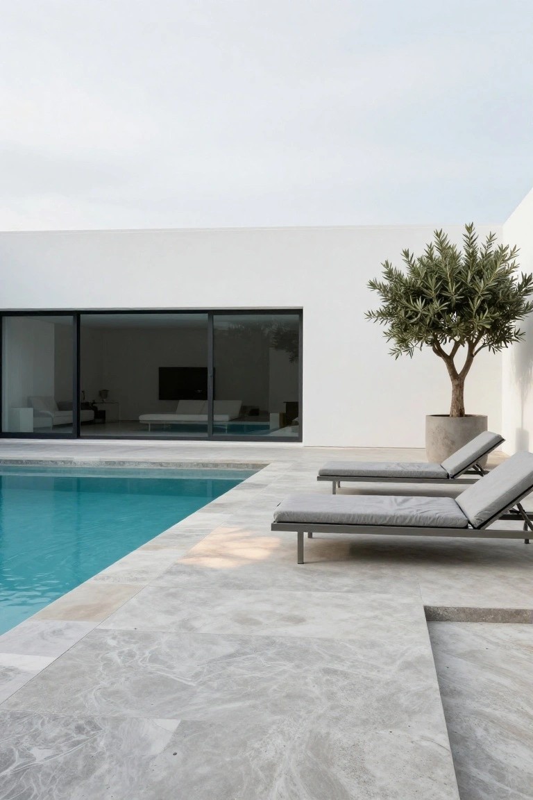 White modern house with large black-framed glass doors beside a turquoise pool, two gray loungers on light gray veined stone deck, and a potted olive tree nearby.