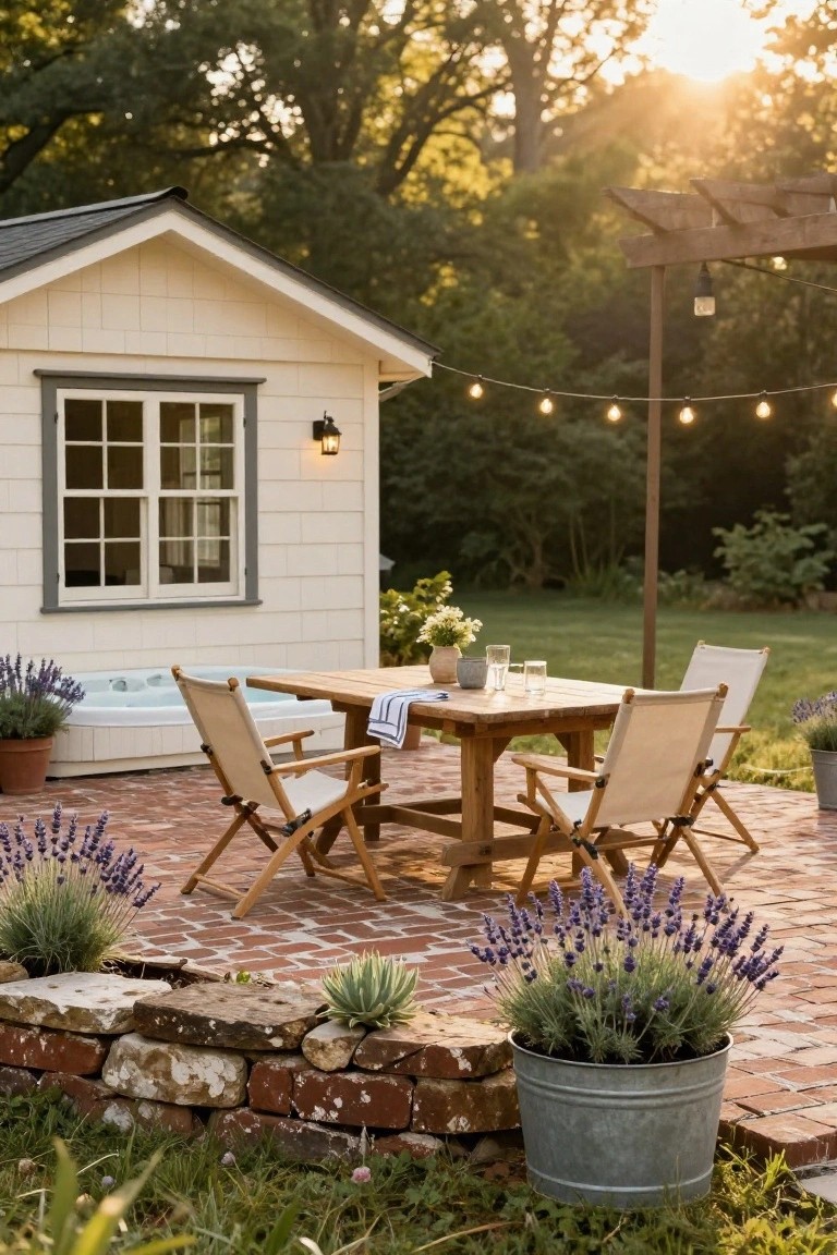 White clapboard pool house next to brick-paver patio with elevated spa tub, wooden rectangular dining table, four canvas director's chairs, potted lavender plants, metal bucket planter, stone wall edging, wooden pergola strung with lights, and surrounding greenery.