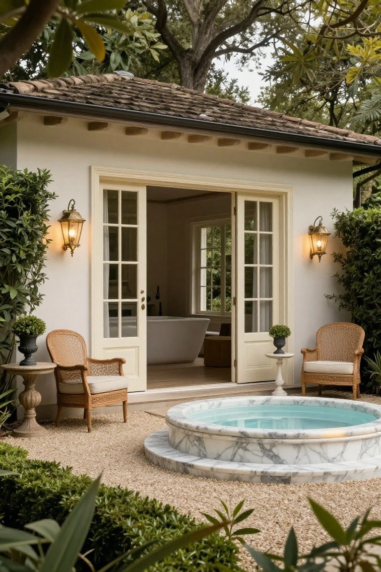 White stucco pool house with open cream French doors revealing bathtub inside, rattan chairs on gravel patio beside round white marble jacuzzi, greenery and lanterns on sides.