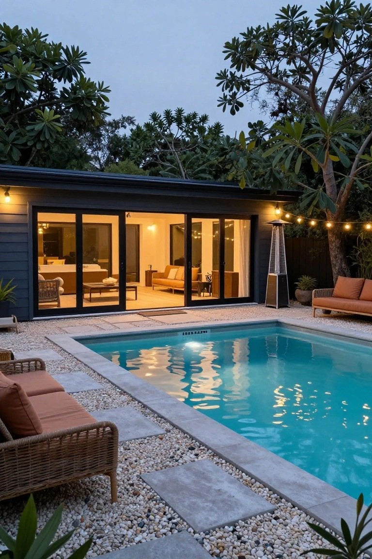 Dark weatherboard pool house with large open black-framed sliding glass doors showing light interior furniture and pool visible beyond, turquoise inground pool with light pebble and concrete paver surround, orange-cushioned rattan sofas, patio heater, string lights, and surrounding palm trees at dusk.
