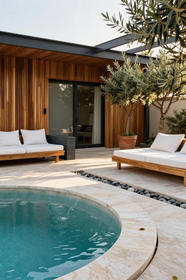 Modern wooden-clad pool house with sliding glass doors opening to a travertine patio that includes two low wooden daybeds with white cushions, a black stone side table, potted olive tree, pebble border, and curved turquoise jacuzzi with bubbling water adjacent to the pool.
