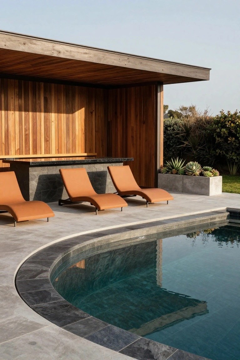 Wooden-roofed structure with vertical wood cladding shelters three orange reclining loungers and a black stone bar counter beside a curved turquoise pool with dark tile edging on a light gray tiled patio.