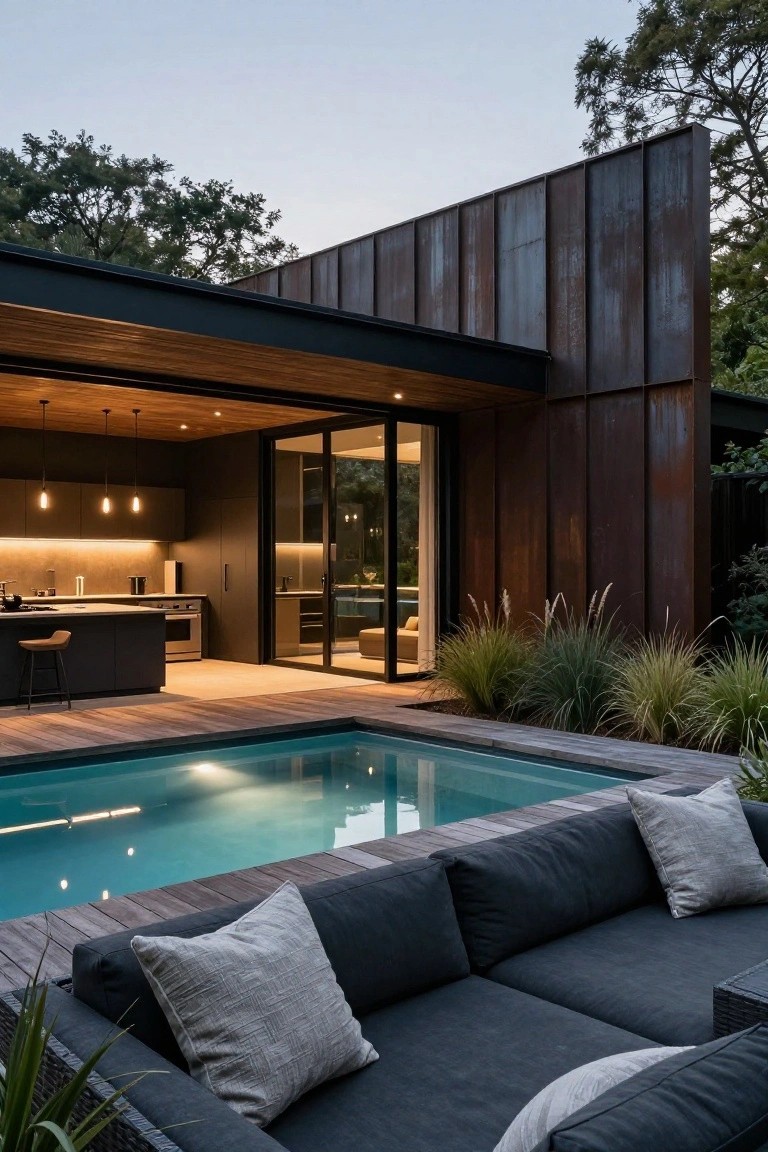 Outdoor kitchen with black cabinets, pendant lights, and bar stools on a wooden deck next to a rectangular lit pool, with gray lounge seating, potted plants, and a rusted metal house wall with open glass doors.