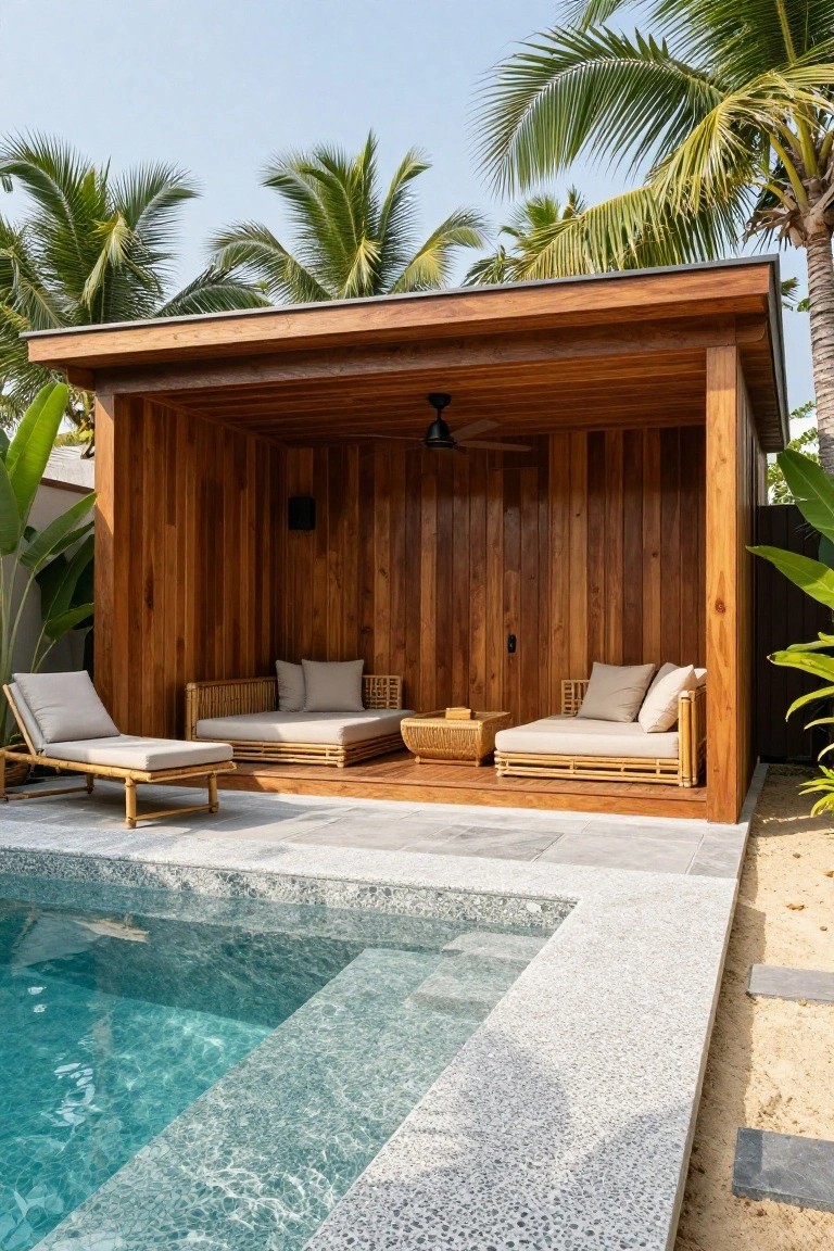 Open-sided wooden pavilion with rattan loungers, benches, and a ceiling fan positioned beside a turquoise pool edged in gray terrazzo tiles, surrounded by palm trees and tropical plants.