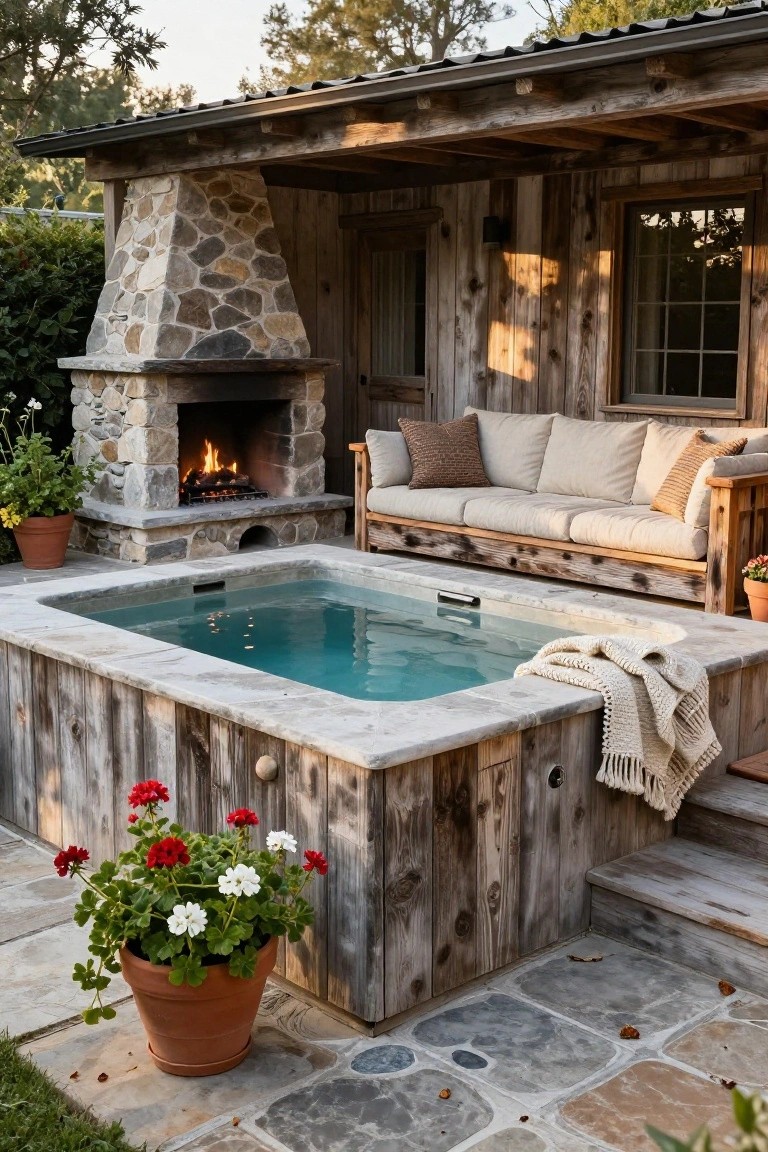 Rustic wooden shelter with stone outdoor fireplace, beige cushioned bench, turquoise hot tub, and potted plants on stone paver patio.