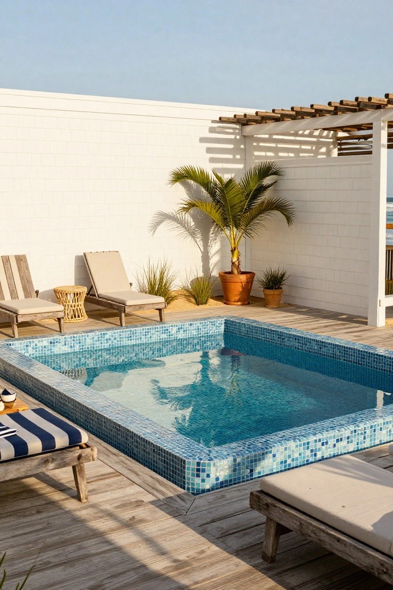 A small rectangular pool with blue mosaic tiles on a wooden deck, flanked by beige loungers and a side table, next to white brick walls with a potted palm tree and pergola.