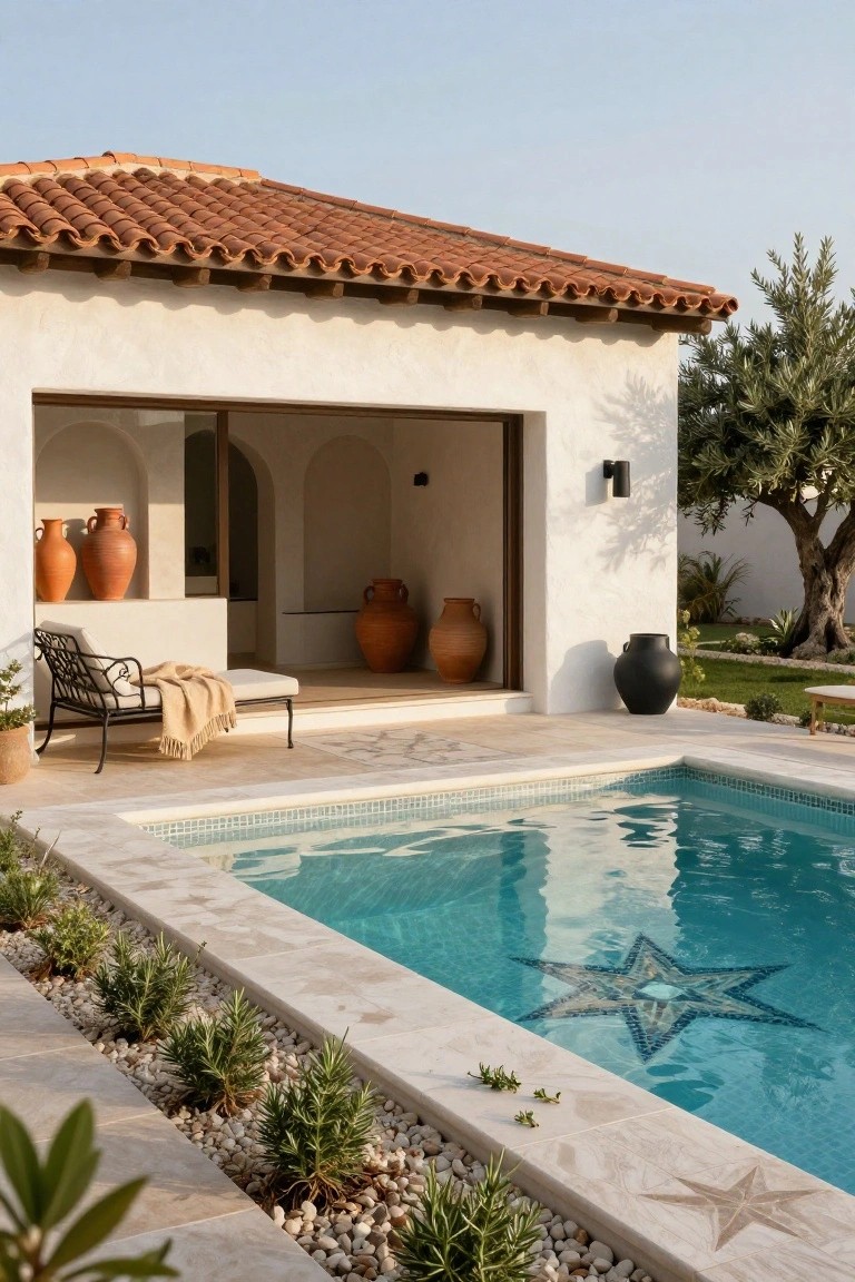 White stucco pool house with terracotta tile roof and open arched doorway displaying orange terracotta pots, next to a rectangular turquoise-tiled pool with a central star-shaped mosaic on the bottom, black metal chaise lounge on beige stone patio, and low green plants along the pool edge.