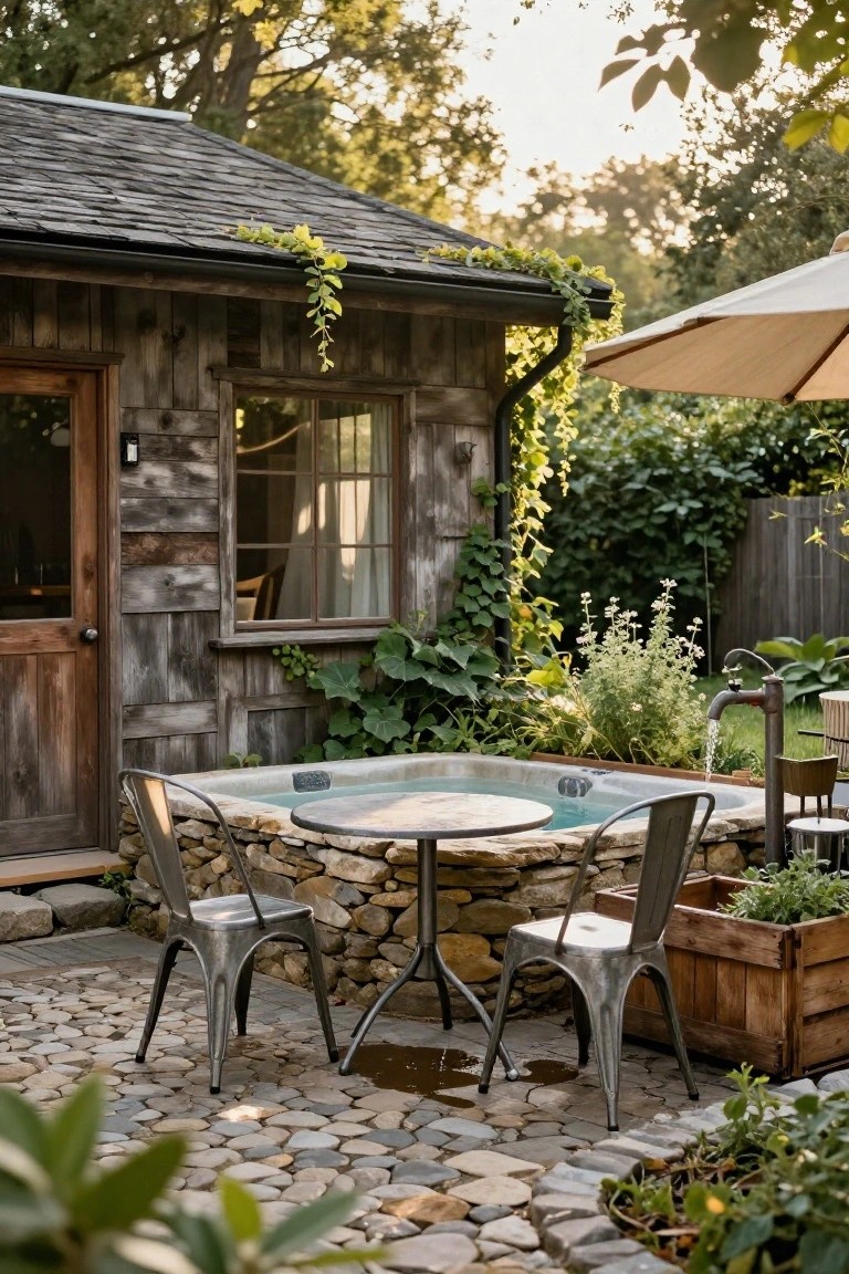 Rustic wooden pool house with ivy and plants beside a turquoise jacuzzi embedded in a circular low stone wall on a pebble patio, with a round metal table, two metal chairs, potted plants, and a white umbrella nearby.