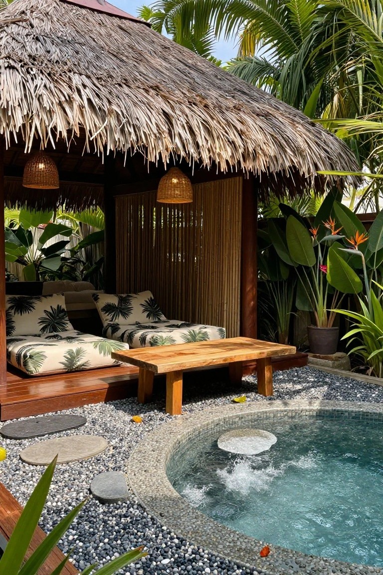 Open-air pavilion with thatched roof and bamboo screens enclosing cushioned loungers on a wooden platform, a low wooden table, and a bubbling circular jacuzzi surrounded by pebbles and tropical plants.