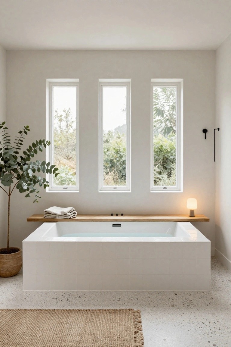 Modern white freestanding bathtub with light wood ledge holding folded towels, large triple windows showing greenery outside, potted eucalyptus plant nearby, and speckled terrazzo floor in a minimalist bathroom.