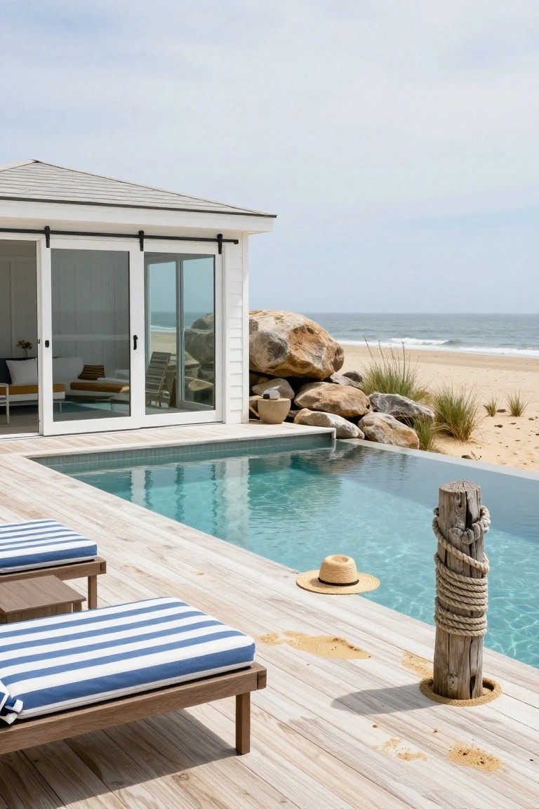 Turquoise infinity-edge inground pool on light wood deck next to large rocks, beach grass, and ocean, with white beach house, striped loungers, straw hat, and rope-wrapped wood post visible.