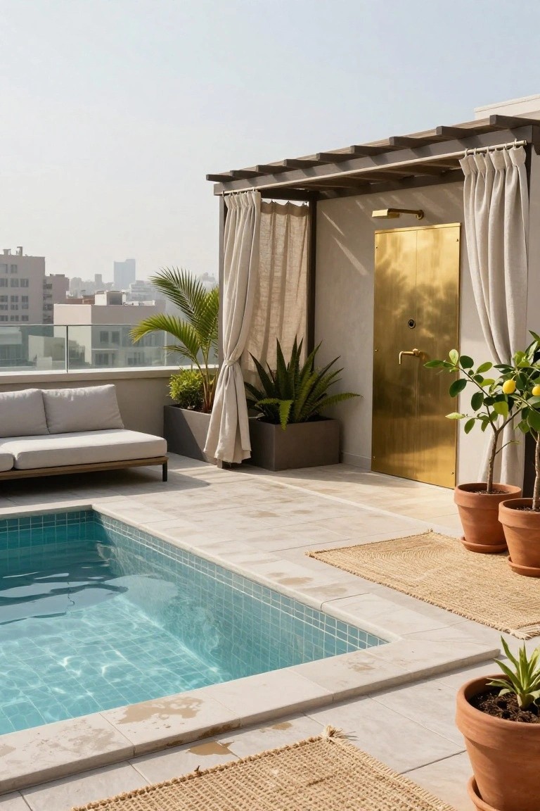 Rooftop terrace with a small rectangular inground pool tiled in turquoise, surrounded by potted plants including palms and agaves, a low beige outdoor sofa, woven rugs, and a gold door under a wooden pergola with sheer curtains and city buildings in the background.