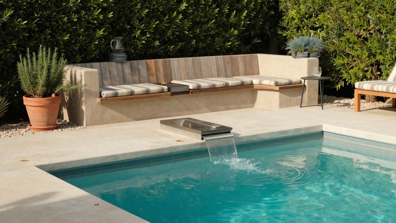 Small rectangular inground pool with stainless steel waterfall flowing into turquoise water, two striped lounge chairs nearby, blue agave plants, wooden bench, potted rosemary, surrounded by greenery and travertine paving.