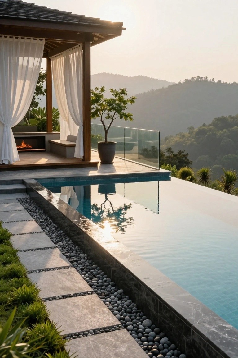 Infinity edge inground pool with black stone edging and pebble details next to a wooden pavilion featuring white curtains, fire pit, bench seating, and glass railing, overlooking forested mountains at sunset.