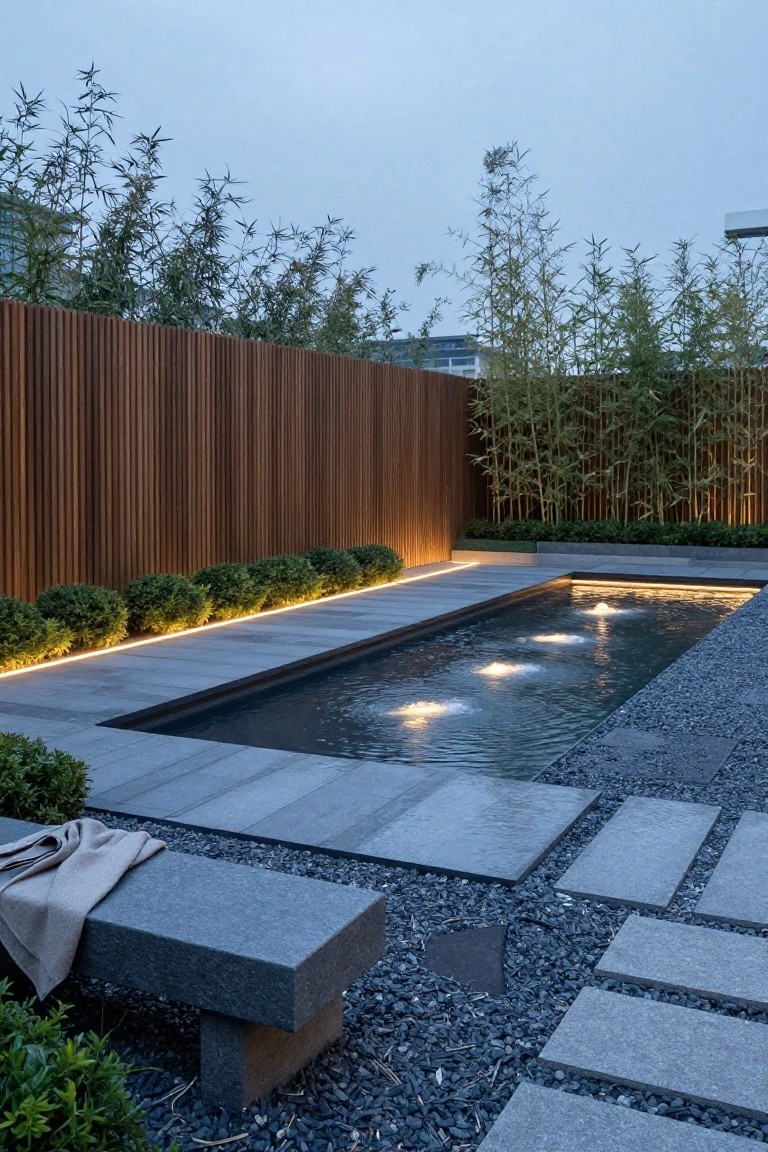 Narrow rectangular inground pool with underwater bubble lights and edge LED strips, next to a granite bench on gravel with stone pavers, flanked by boxwood shrubs and tall bamboo behind a wooden slat fence at dusk.