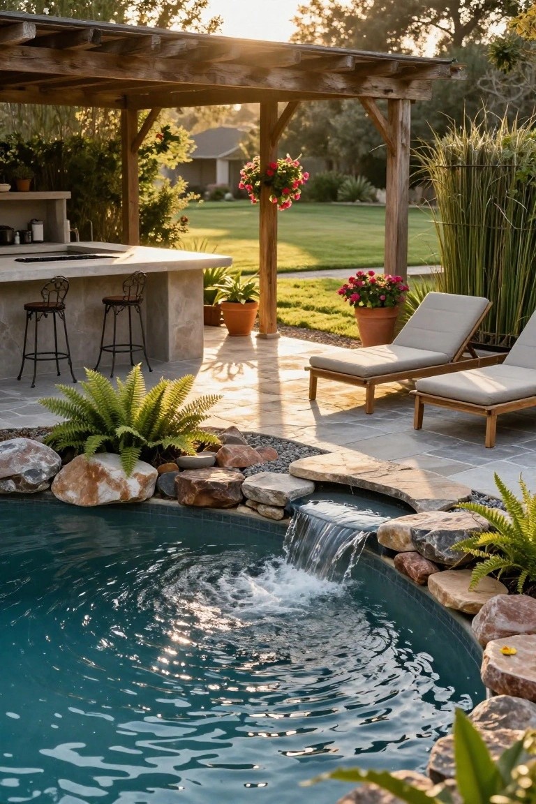 Inground pool with a cascading stone waterfall surrounded by large boulders and ferns, next to a concrete patio, outdoor kitchen bar, lounge chairs, and potted plants under a wooden pergola.