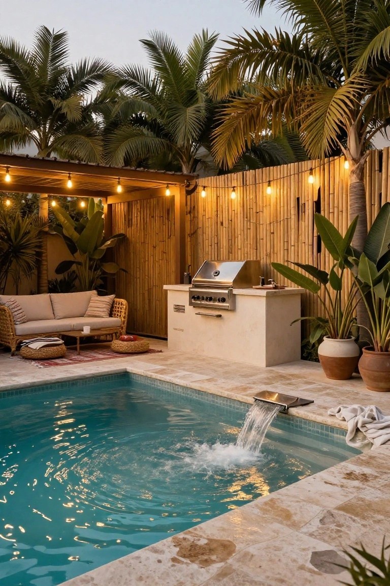 Small inground pool with turquoise tiles and stainless steel waterfall edge, adjacent to built-in stainless steel BBQ on beige stone counter, wicker sofa with cushions on travertine decking, bamboo fence, palm trees, potted plants, and string lights in backyard at dusk.