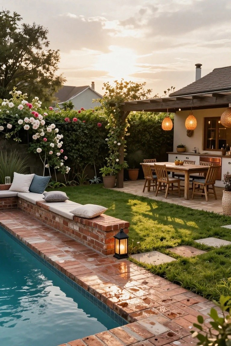 Inground pool with red brick coping and integrated cushioned bench seating along one edge, next to a grassy lawn, brick pavers, and an outdoor dining area under a wooden pergola with hanging lanterns, surrounded by rose bushes, trees, and a house in the background at sunset.