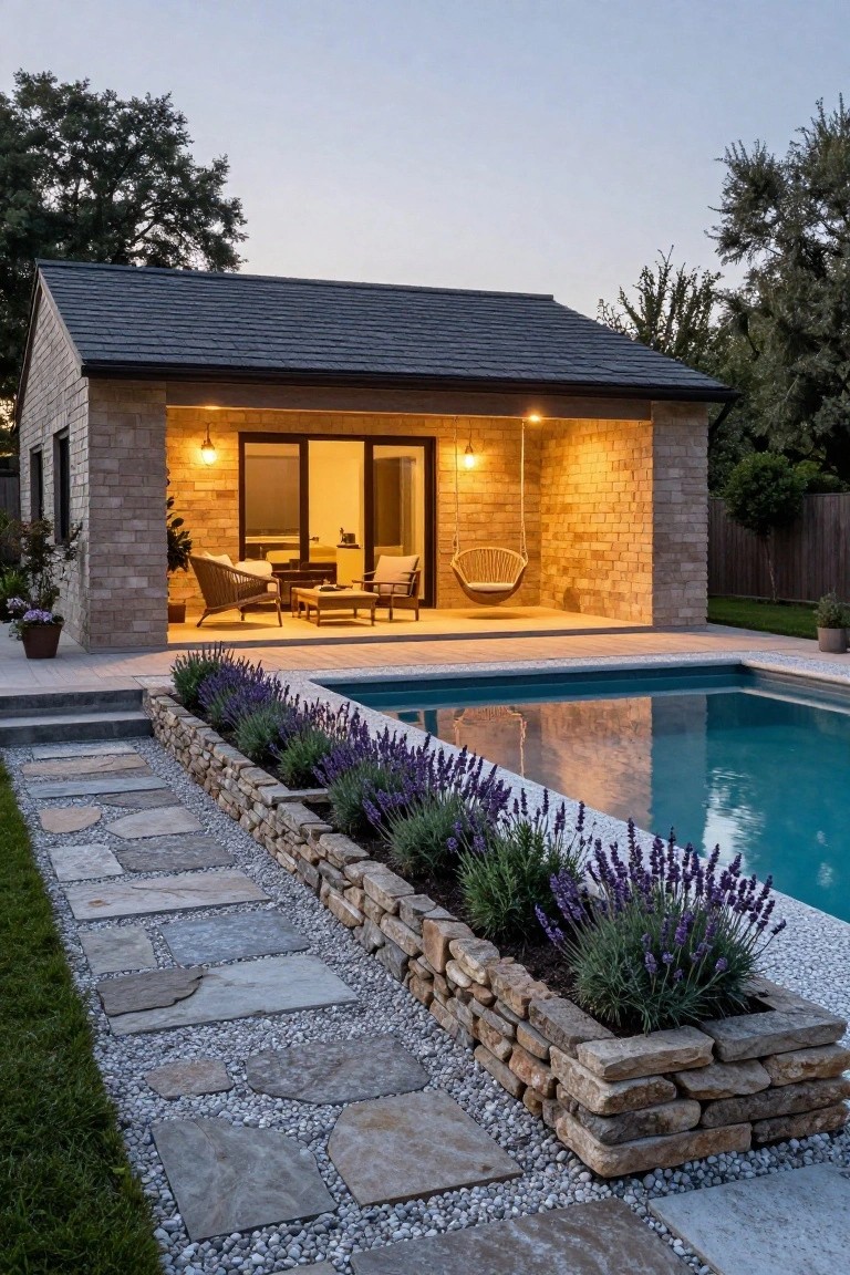 Brick pool house cabana with open glass doors revealing indoor furniture, outdoor rattan chairs, coffee table, and hanging swing on a covered patio adjacent to a turquoise inground pool edged by lavender plants in stone beds and a flagstone path.