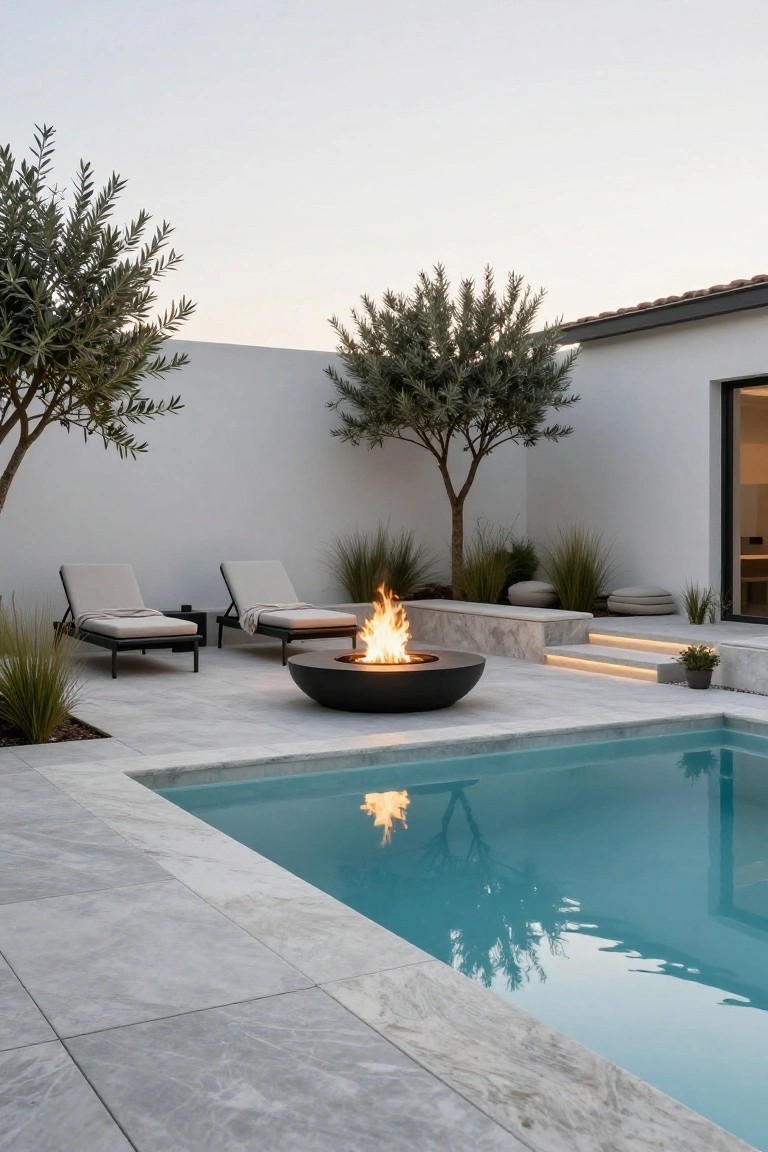 Gray tiled outdoor pool deck with turquoise inground pool, black round fire pit with flames, two beige lounge chairs with cushions, olive trees, grasses, white house wall, and lit steps.