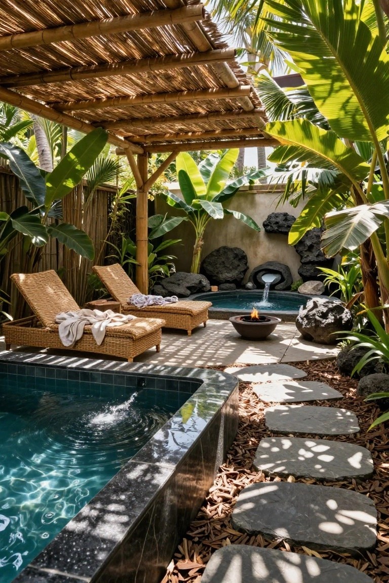 Small inground pool next to a circular black hot tub with water fountain, rattan lounge chairs on a stone patio, central fire pit, lava rocks, tropical plants, and bamboo pergola overhead.