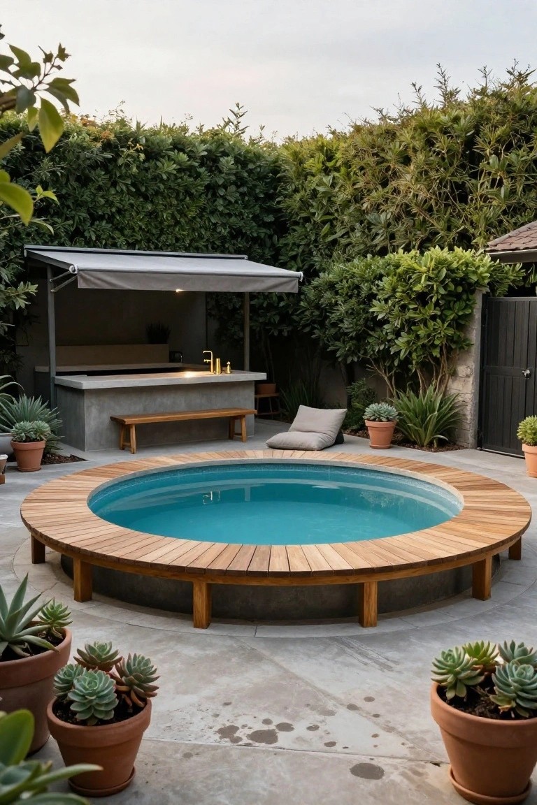 Round turquoise inground pool with continuous wooden bench seating around its concrete edge, next to a concrete bar under gray awning, surrounded by hedges, potted plants, and a bench in a backyard.