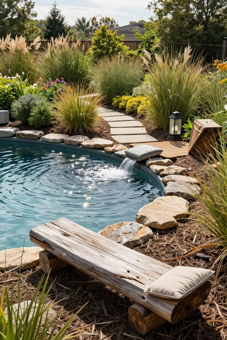 Curved inground pool with natural stone edging and waterfall feature, surrounded by ornamental grasses and a rustic wooden log bench with a white cushion positioned nearby.