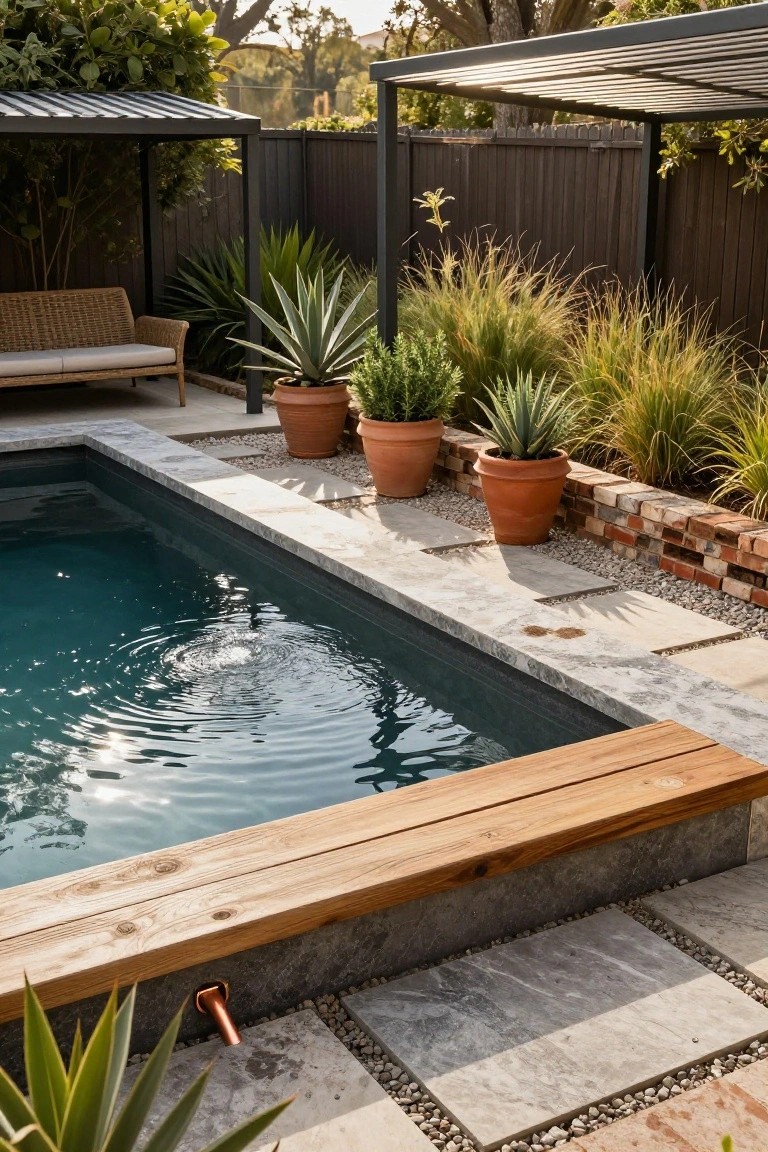 Semi-inground pool with dark blue water, grey stone coping, continuous wooden bench along one edge, terracotta pots with agave plants, stone pavers, grasses, and a pergola structure in a backyard.