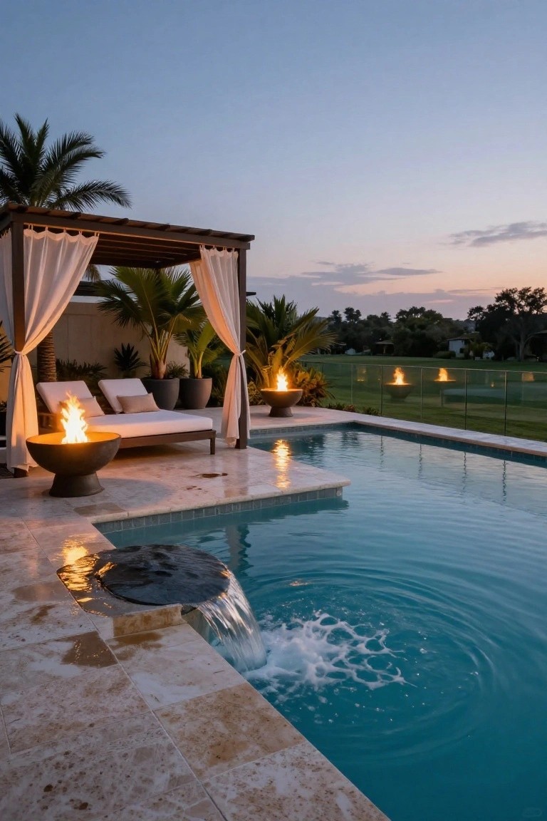 Dusk view of a semi-inground pool with travertine decking, edge-mounted waterfall, nearby cabana pergola with white drapes and lounge seating around a fire bowl, potted palms, distant fire bowls behind glass fence, and golf course beyond.