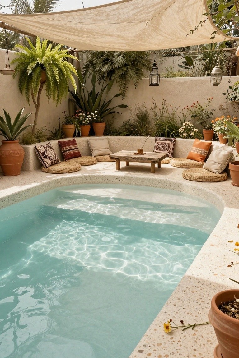 Small turquoise semi-inground pool edged in white terrazzo, with beige floor cushions, colorful pillows, low wooden table, potted plants, and terracotta pots under a beige fabric canopy.