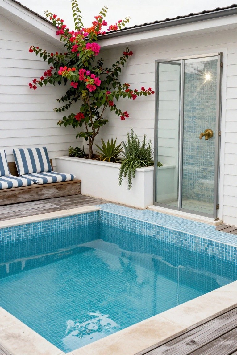 Small semi-inground pool with blue mosaic tiles, adjacent wooden benches with blue and white striped cushions, glass outdoor shower with gold faucet, tropical plants, and white exterior wall on a wooden deck.