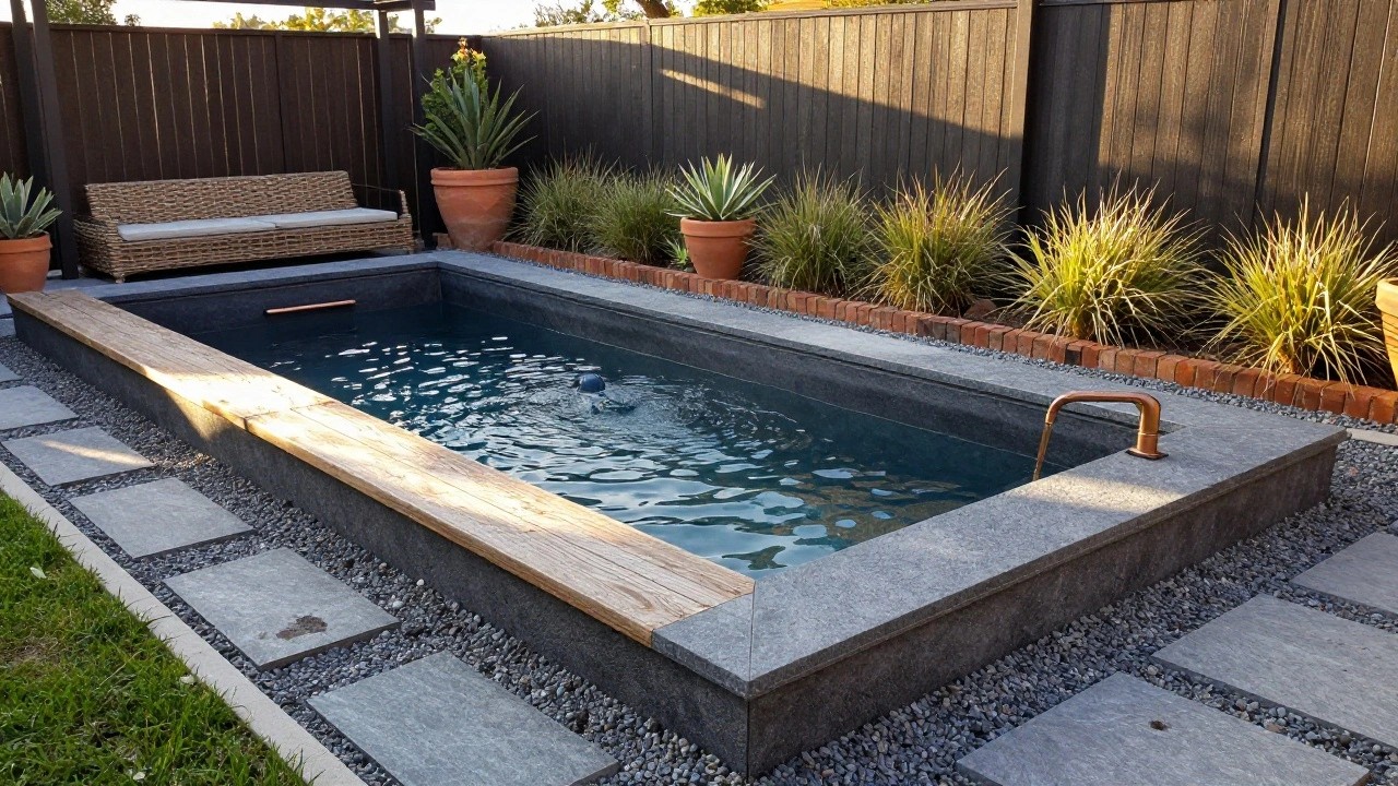 Semi-inground pool with dark blue water, grey stone coping, continuous wooden bench along one edge, terracotta pots with agave plants, stone pavers, grasses, and a pergola structure in a backyard.
