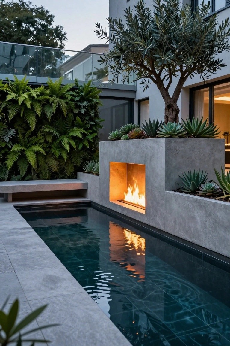 Narrow semi-inground pool with dark teal water next to a concrete wall featuring a linear gas fire pit, built-in bench, and succulent planters, with ferns, agaves, and an olive tree nearby.