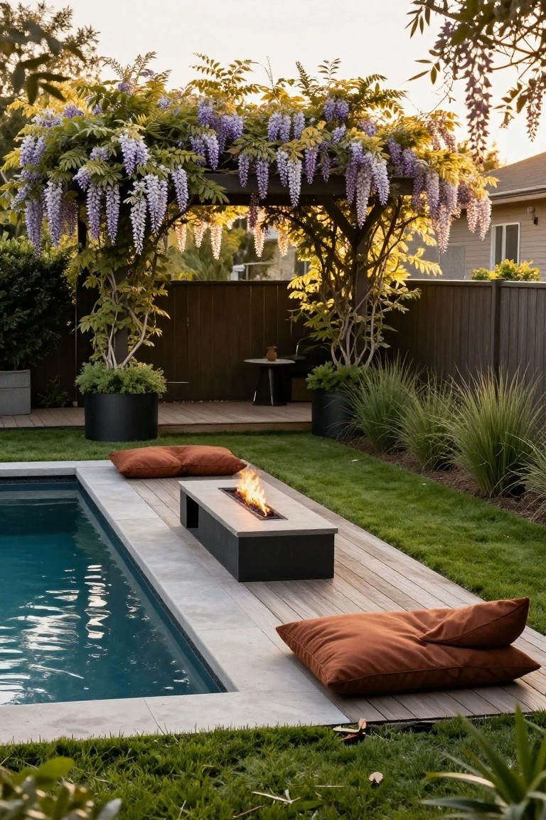 Semi-inground turquoise pool with gray decking along the edge, a black linear gas fire pit emitting flames, large orange floor cushions on wooden deck beside it, surrounded by green lawn, grasses, potted plants, and a wisteria-covered wooden arbor against a wooden fence.