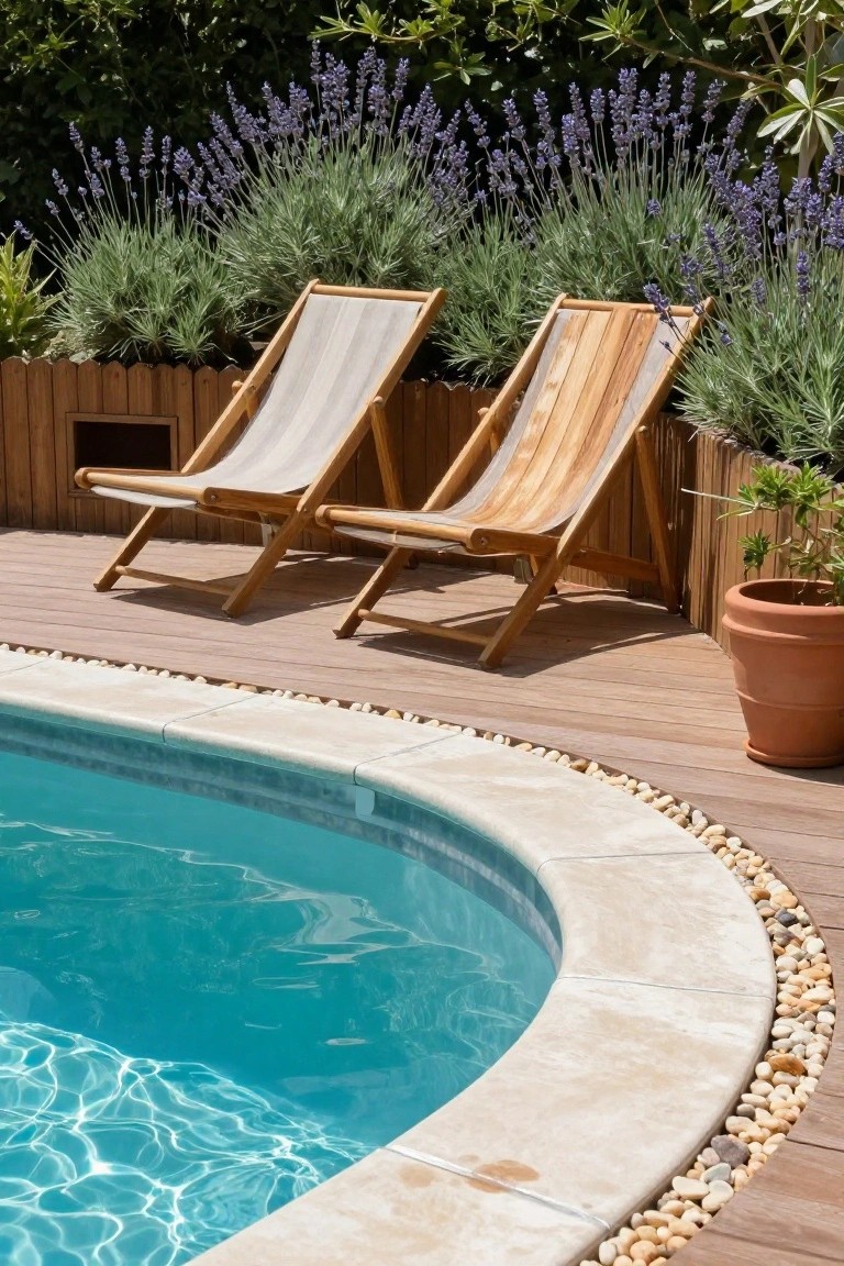 Curved semi-inground pool with blue water, white stone coping, and pebble edging, next to a wooden deck holding two reclining lounge chairs, bordered by lavender plants, wooden fence, and a terracotta pot.
