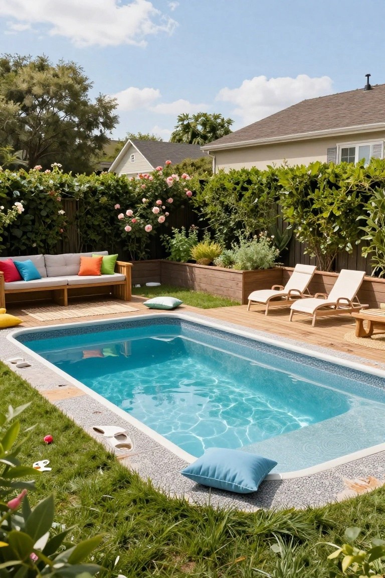 A rectangular semi-inground pool with blue water and pebble surround in a grassy backyard, adjacent to a wooden deck holding white lounge chairs, a wooden sofa with colorful cushions, pillows on the grass, and surrounding hedges, roses, and potted plants under a partly cloudy sky.