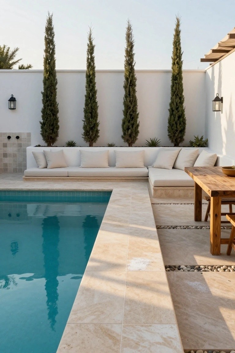 Turquoise semi-inground pool edged in beige travertine tiles, with an adjacent L-shaped beige outdoor sofa, wooden table and chairs, potted plants, tall cypress trees against a white wall, and wall lanterns.