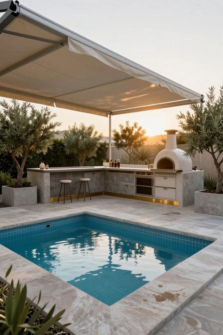 Backyard outdoor kitchen with concrete counters, built-in white pizza oven, two bar stools, and potted plants next to a small turquoise tiled semi-inground pool, with olive trees, a beige shade sail, and sunset sky.