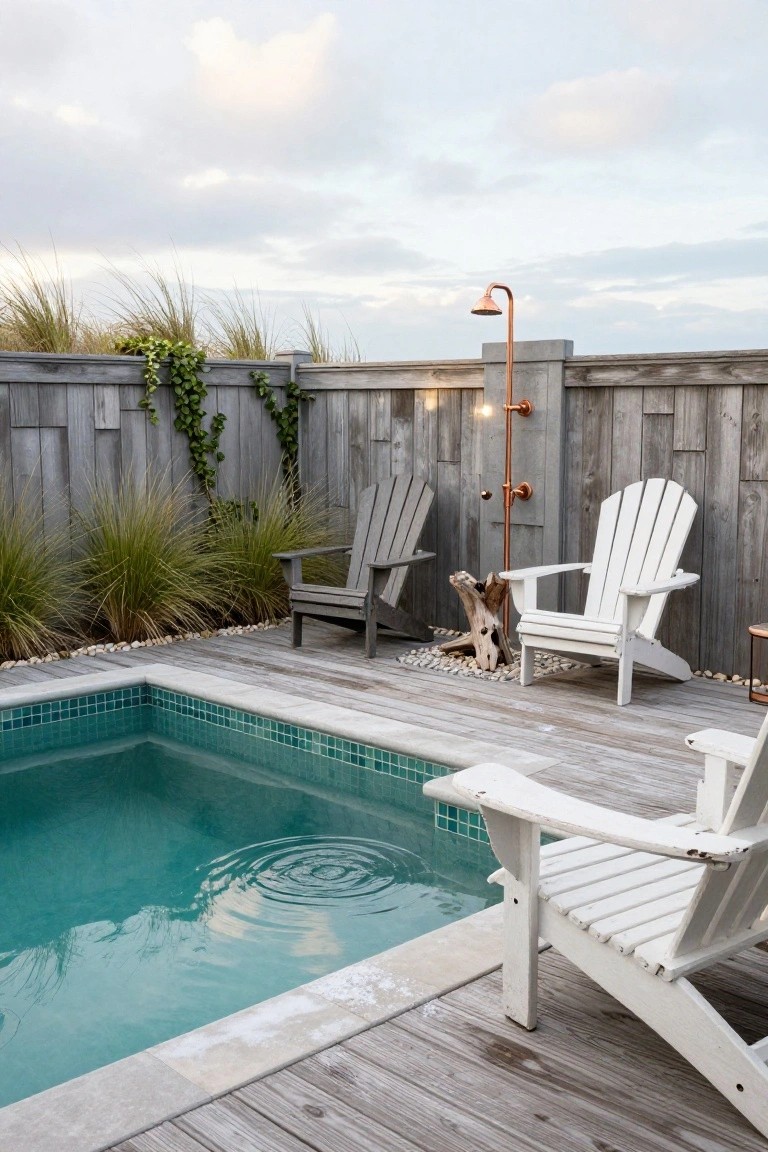 Small turquoise-tiled semi-inground pool edged with weathered gray wood deck, flanked by white and gray Adirondack chairs, copper outdoor shower on a post by a wood fence, grasses, pebbles, and a dog in a backyard setting.