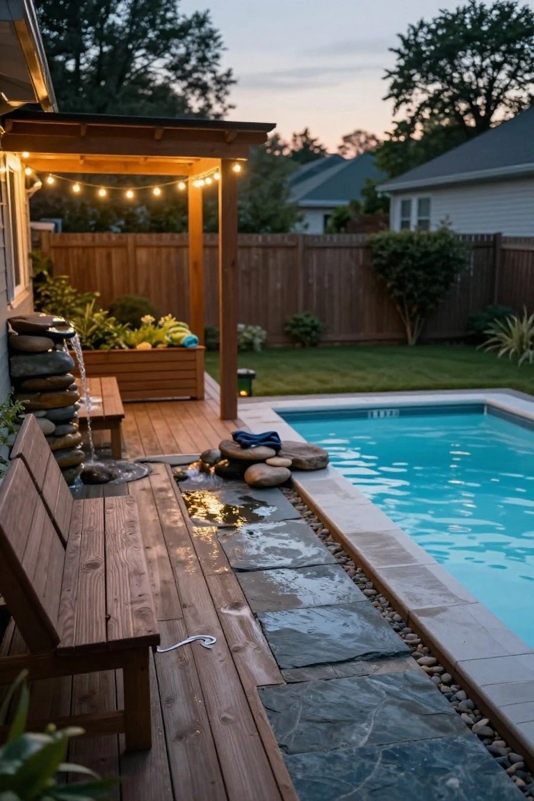 Backyard semi-inground pool at dusk with wooden pergola strung with lights, deck benches, stacked stone fountain flowing into basin, slate pavers and pebbles transitioning to pool edge, towels and flip-flops nearby, fenced yard with landscaping.