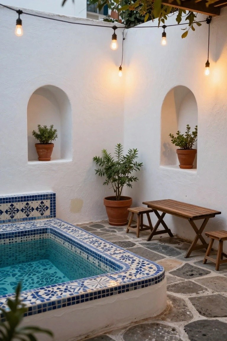 Small semi-inground pool with blue and white mosaic tile borders in a white stucco courtyard wall, potted plants in arched niches, wooden folding table and stools nearby, and multiple hanging string lights with exposed bulbs.